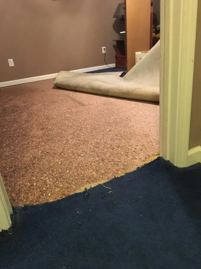 Carpet pad removal revealing water damage during Water Mitigation Services in Cromwell